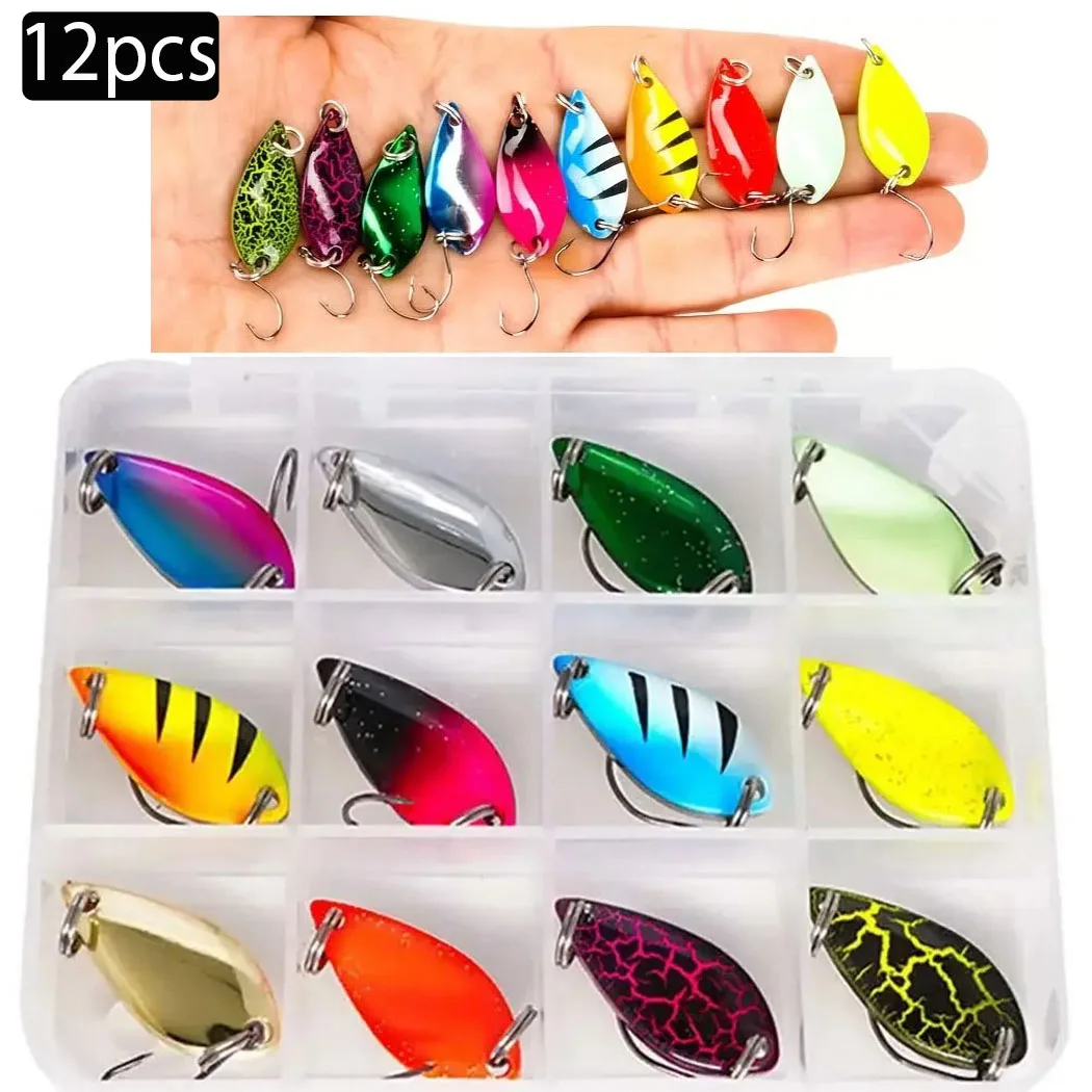12 Uds por caja 2,5g 3,5g 5g cebos de cuchara coloridos cucharas Spinner señuelo de pesca señuelos de cuchara dura de Metal para trucha dorada