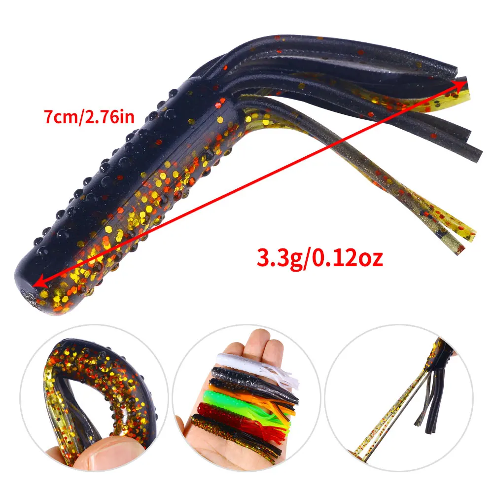 Señuelos de tubo de plástico suave, 10 Uds., 7cm, 3,3g, cebo con falda, brillo multicolor para lubina, Lucio, Pesca de agua dulce y salada - imagen 5