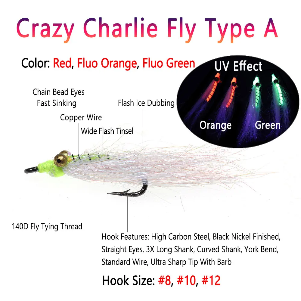 Bimoo-SEÑUELOS DE pesca de agua dulce y salada, 6 piezas, #6 ~ #12, Ojos de cadena o mancuernas, Crazy Charlie Fly, Fast Sink Bonefish Tarpon - imagen 2