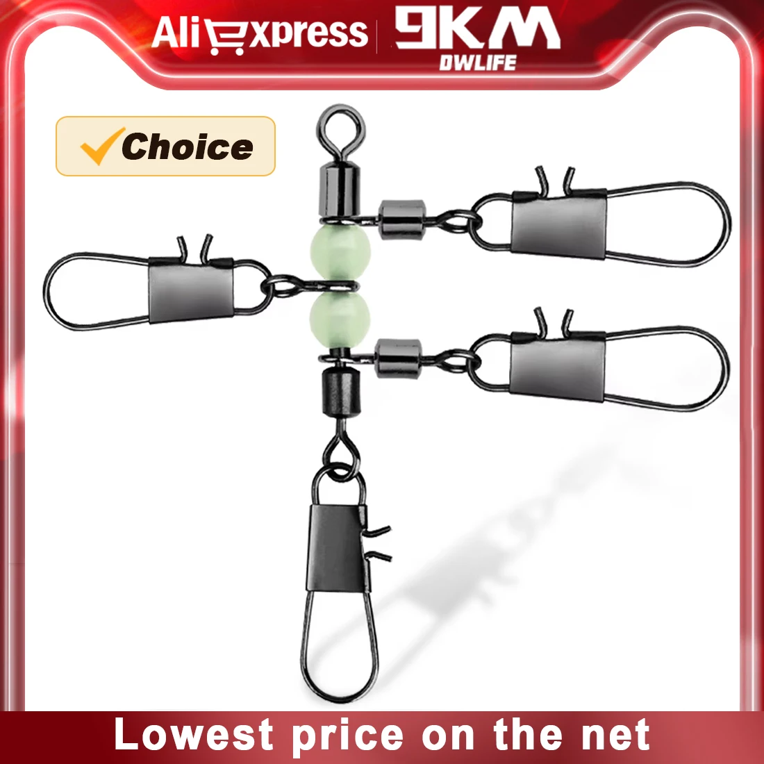 9KM 10 Uds. Giratorios de 3 vías giratorios de calamar en forma de T con cuentas brillantes para pesca en Surf, evitando giros y enredos