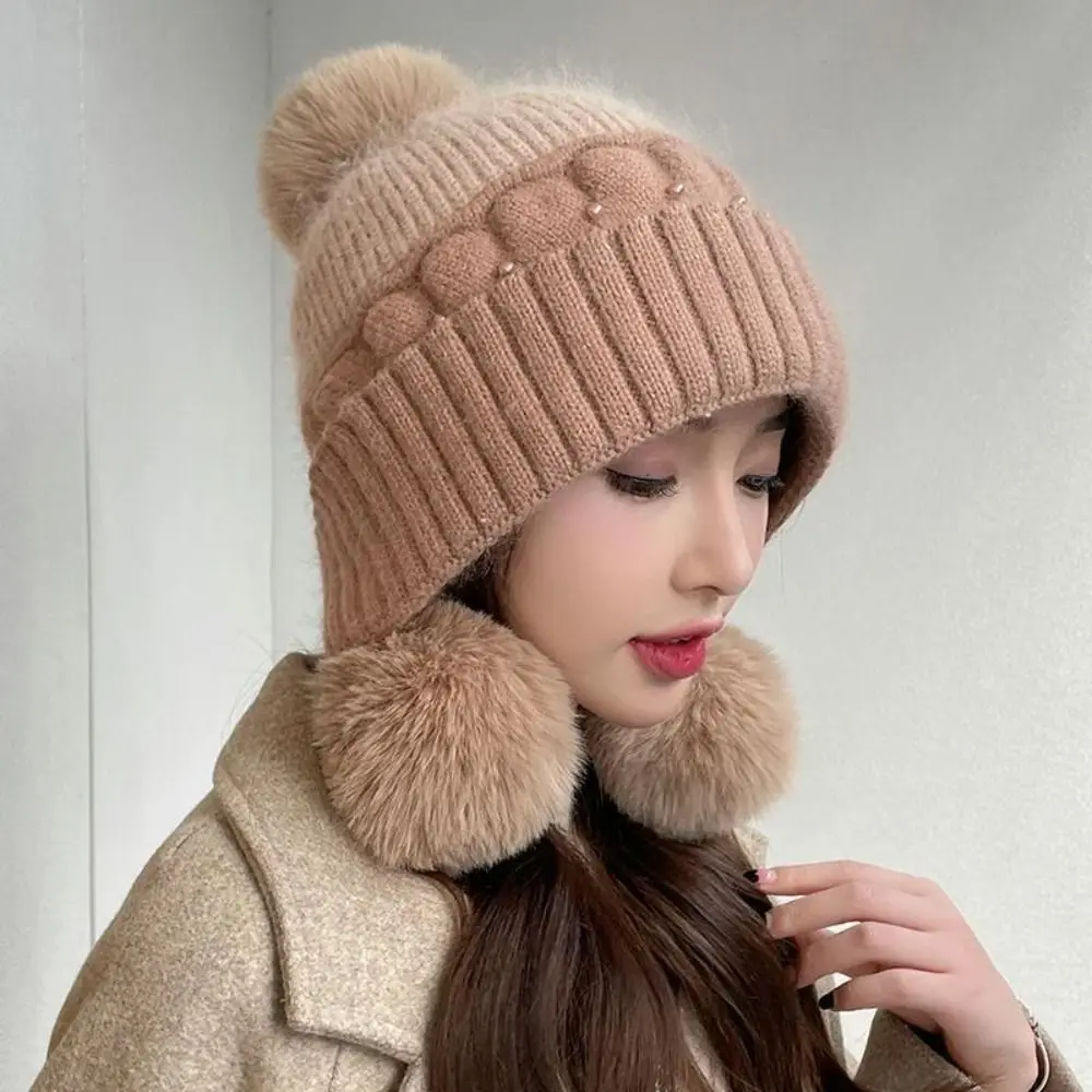 Gorro de punto grueso y cálido para mujer, gorros a prueba de viento con protección para los oídos, gorros a prueba de frío con adornos de perlas, Otoño e Invierno - imagen 3