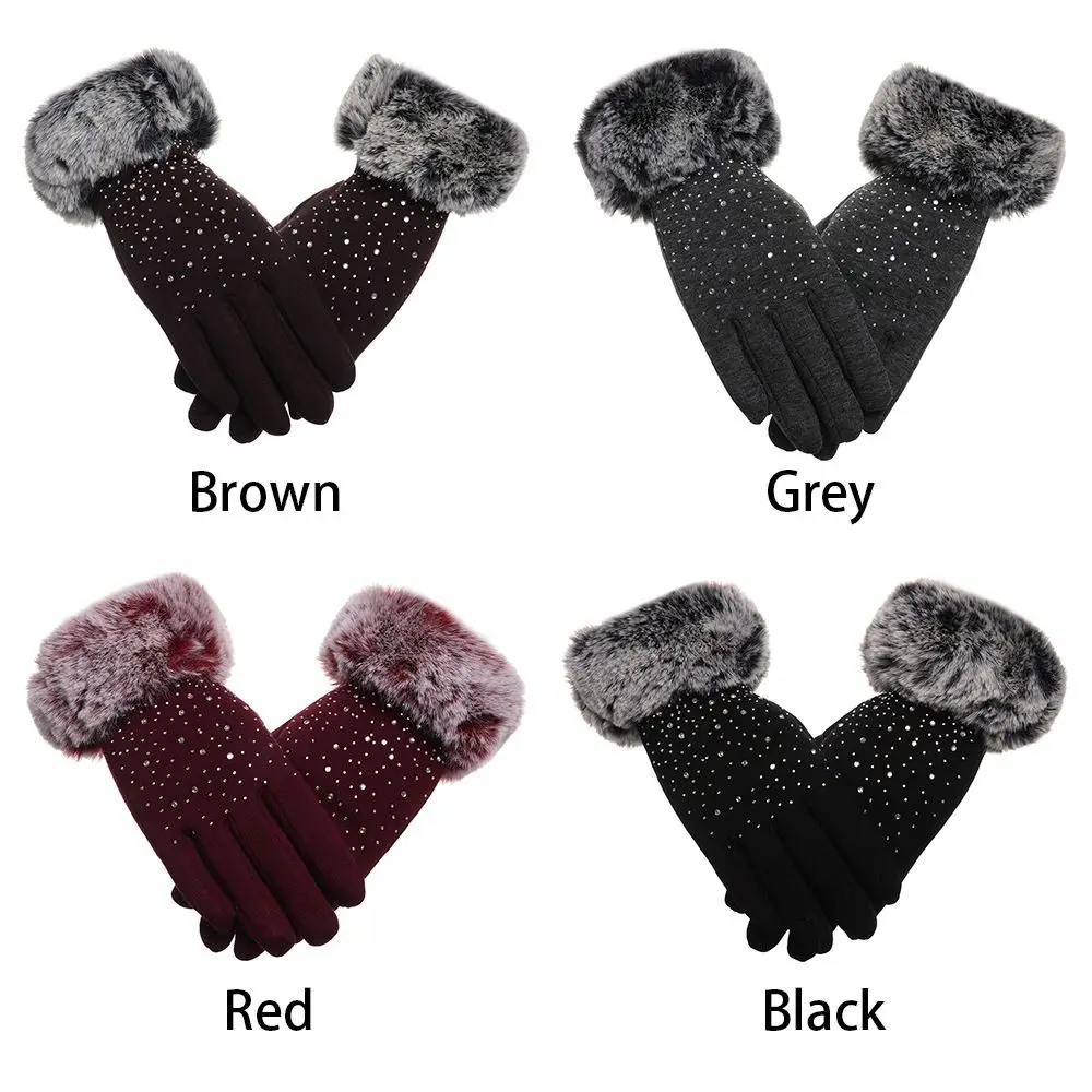 Invierno espesar cálido Rhinestone más terciopelo brillante guantes de piel sintética guantes de cachemira manoplas para pantalla táctil - imagen 5
