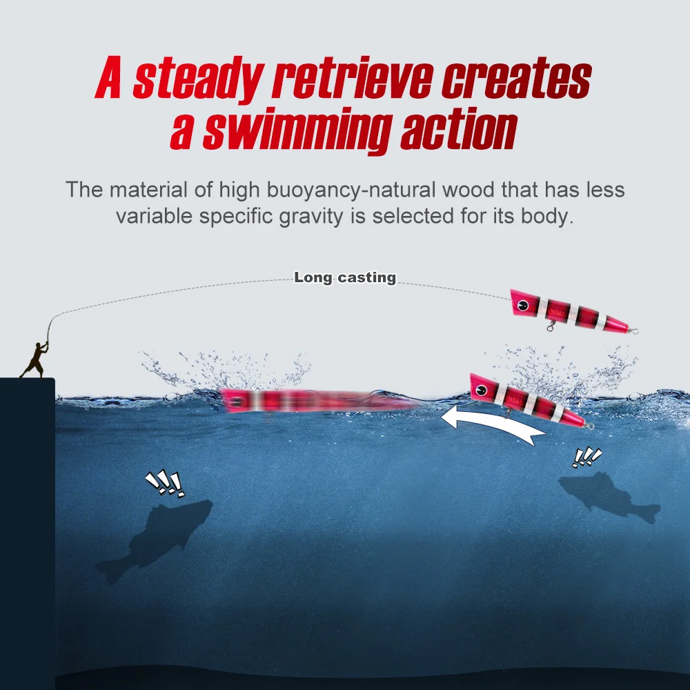 Señuelo de pesca Noeby Popper, 180mm, 70-78g, superficie de juego grande, cebo duro Artificial de madera para curricán GT, aparejos de pesca de mar pesado - imagen 5