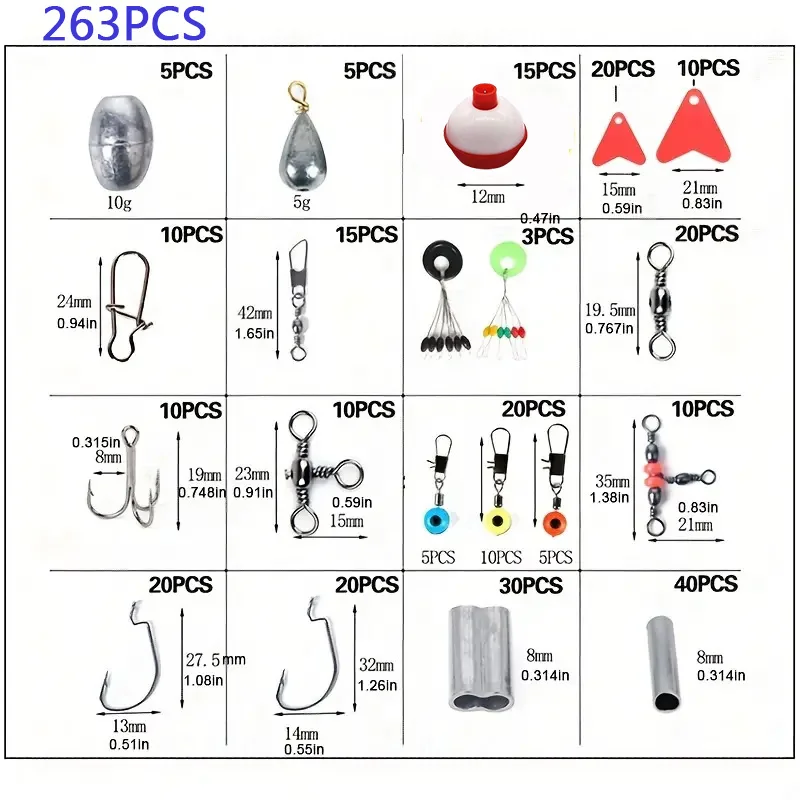 Juego de accesorios de pesca con caja de aparejos, 263 unidades/juego, incluye alicates, anzuelos, peso giratorio, broches, diapositivas de plomo - imagen 3