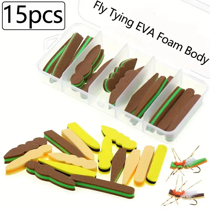 Cuerpo de espuma para atado de moscas, cuerpo de tolva de espuma EVA, Material para atado de moscas DIY, accesorios flotantes para señuelos de pesca de lubina, trucha y mosca seca, 15 Uds.