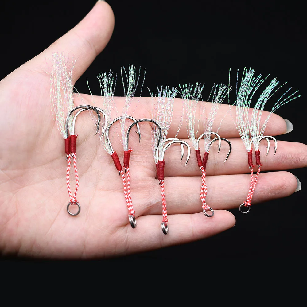 MNFT 5Pcs Assist Hooks Iron Plate Barbed Cast Jigging Hook Saltwater Fishing Hook With Feather Sea Bass Fishing Lure Hooks - imagen 3
