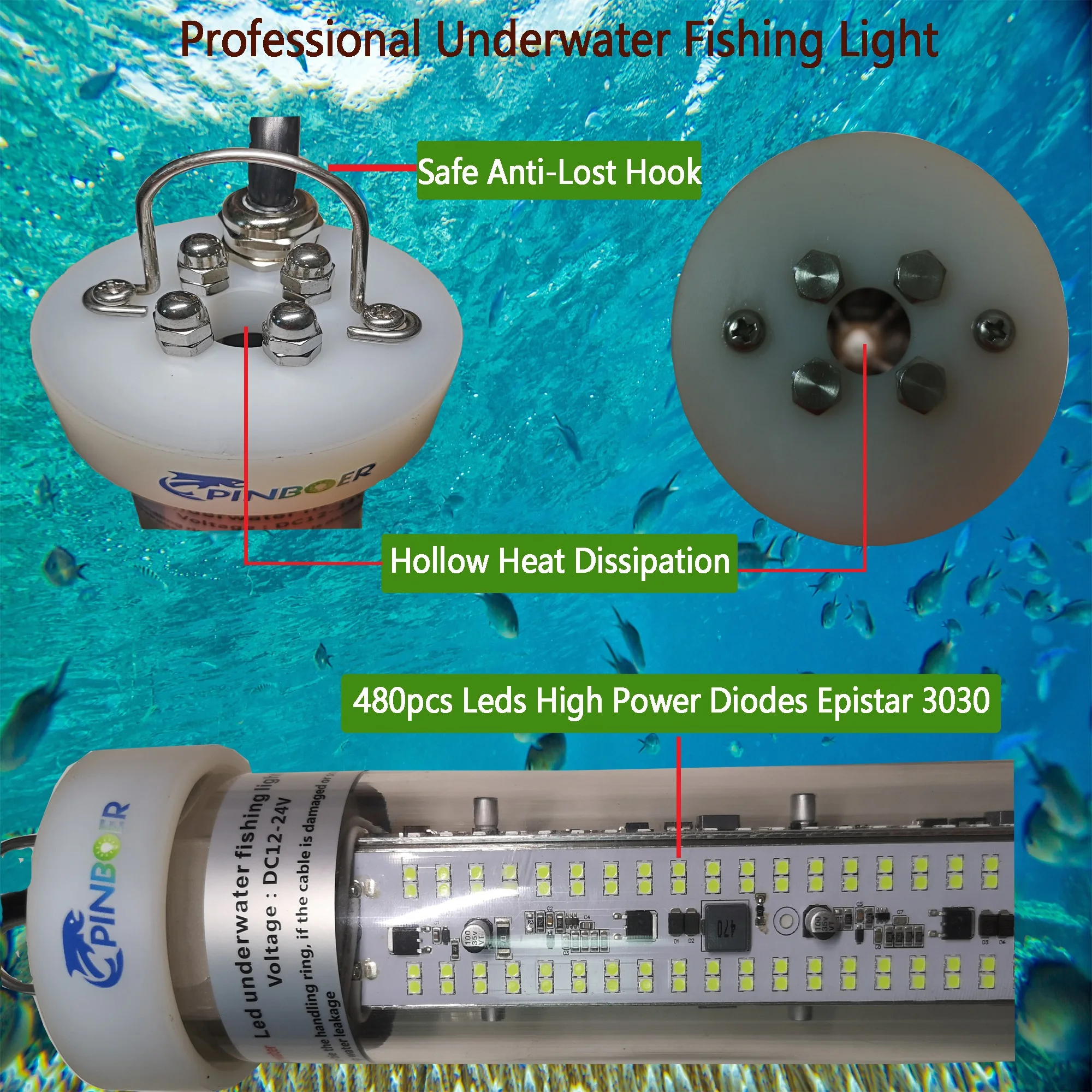 Pinboer-luz de pesca sumergible, 300W, DC12V24V, 35000LM, verde, blanco, regulable, bajo el agua, alta potencia, LED, señuelo, atrayente - imagen 4