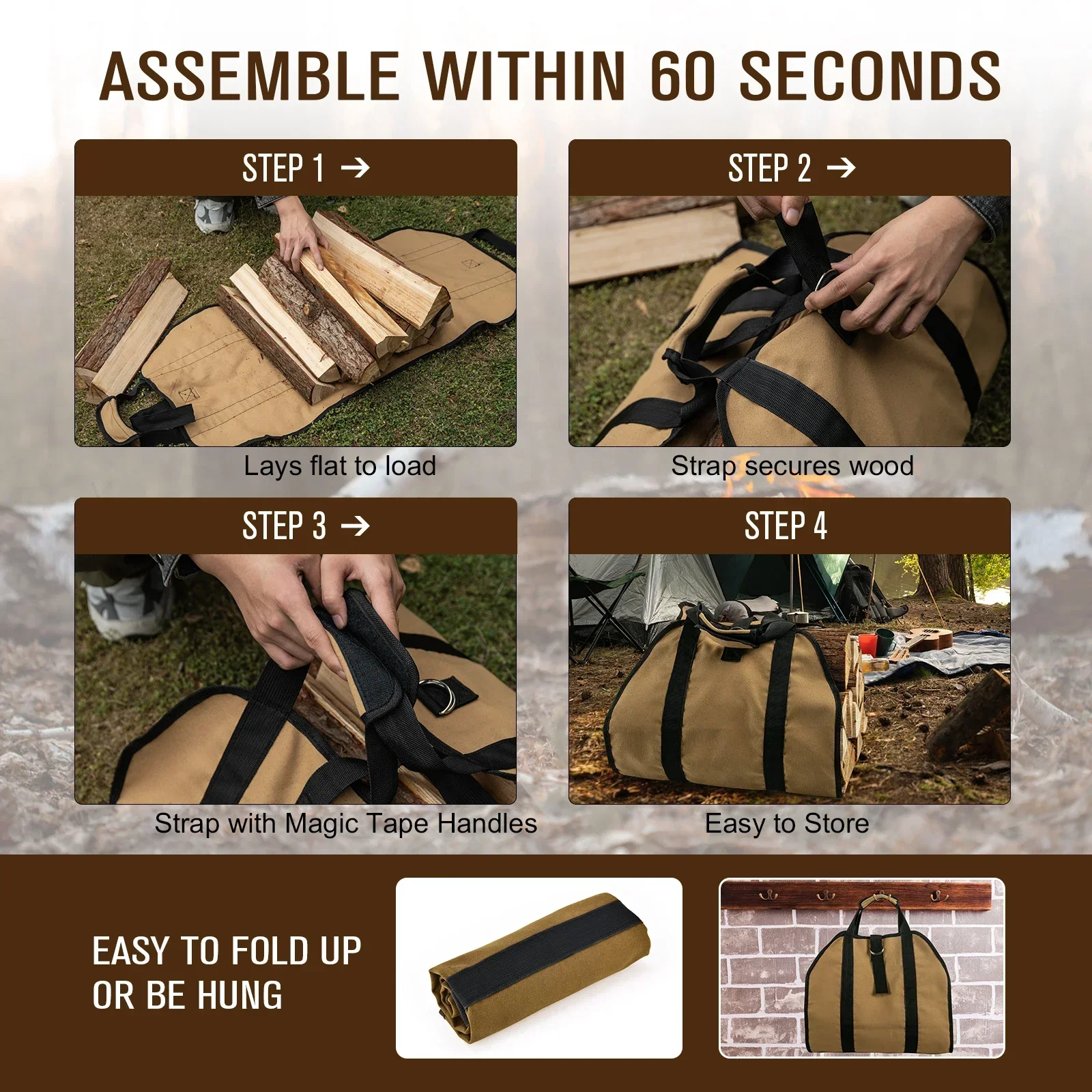 Goture Bolsa de almacenamiento para leña de 39 x 18 pulgadas, resistente al calor y a desgarros para soportes de troncos de interior con asa y hoguera al aire libre - imagen 4