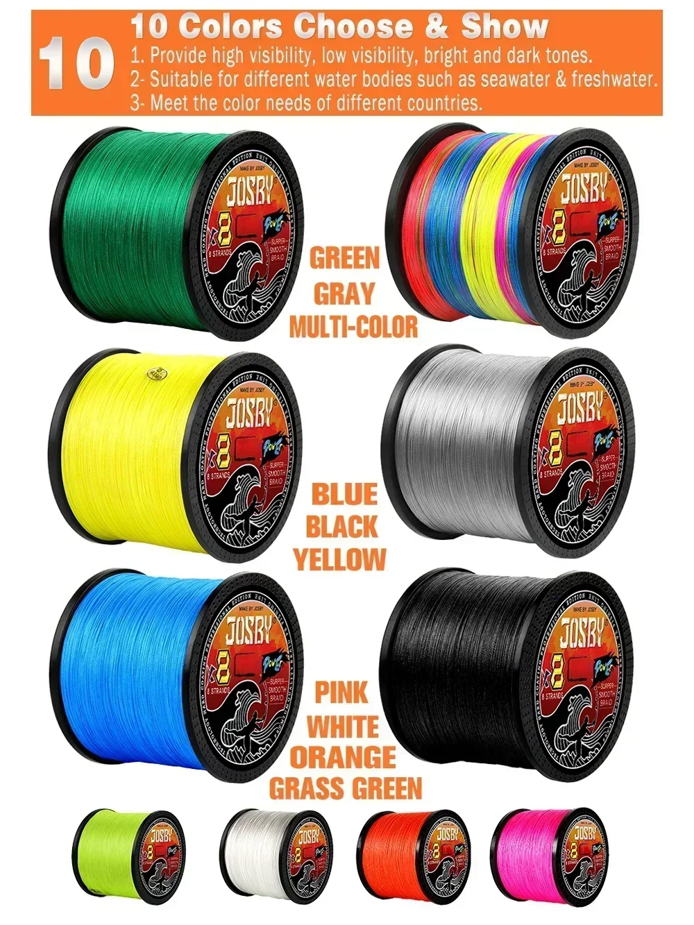 JOSBY X8 líneas de Pesca de mar trenzadas 100/300/500/1000M alambre de carpa PE Mutifilament Pesca 22-90LB accesorios de Pesca súper fuertes - imagen 2