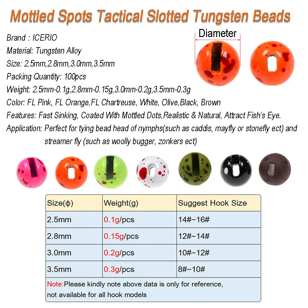 ICERIO-Cuentas de tungsteno para pesca, 100 piezas, cabeza plomada, serpentinas de Ninfa, Material de atado de moscas de Caddis - imagen 2