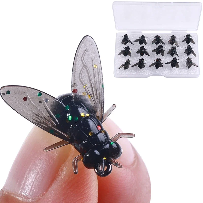 KIT de caja de 15 Uds., señuelo de pesca, cebo suave, simulación de moscas, insectos, cebos, captura de peces pequeños, señuelos artificiales, Lucio, carpa, lubina
