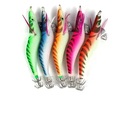 Señuelo de pesca, señuelos de camarones de madera, cebo duro de calamar luminoso, ojos 3D, anzuelo de calamar para pesca en el mar