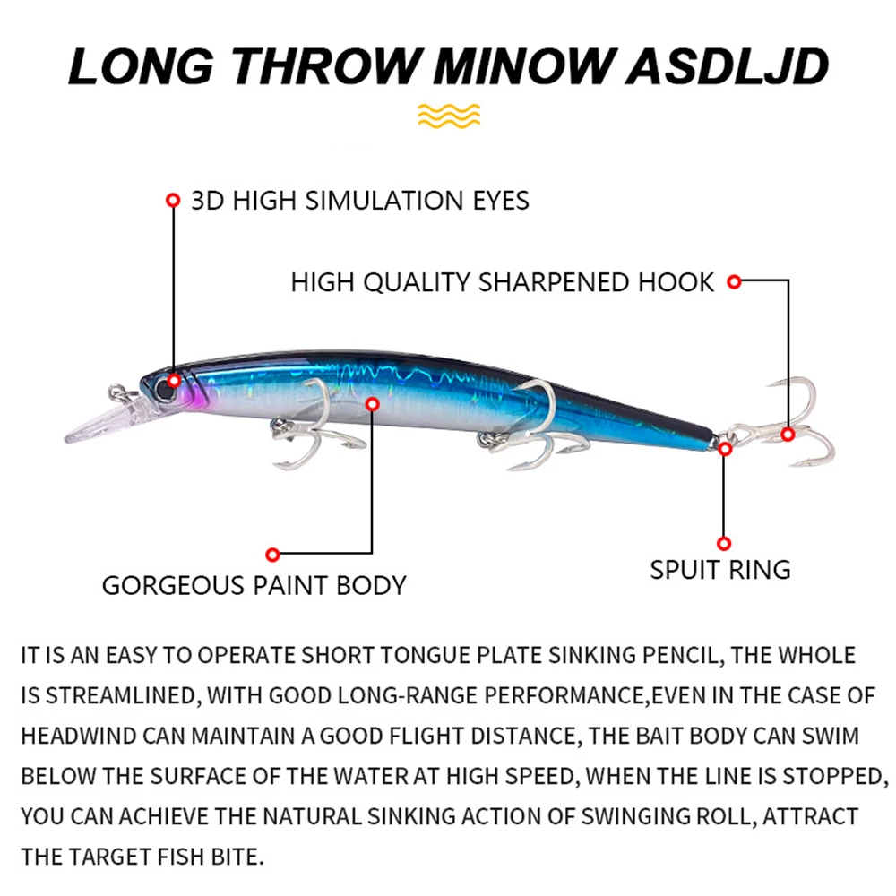 Señuelos de pesca flotantes de 13cm y 19,8g, cebo duro Artificial de fundición larga, accesorios de pesca de agua de mar, Lucio, lubina, MN620 - imagen 5