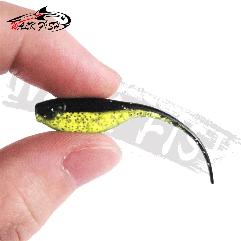 WALK FISH 20 piezas 0,7g 5cm señuelo de pesca de gusano señuelos blandos de silicona cola de aguja de dos colores Swimbaits cebo Artificial forma de renacuajo - imagen 3