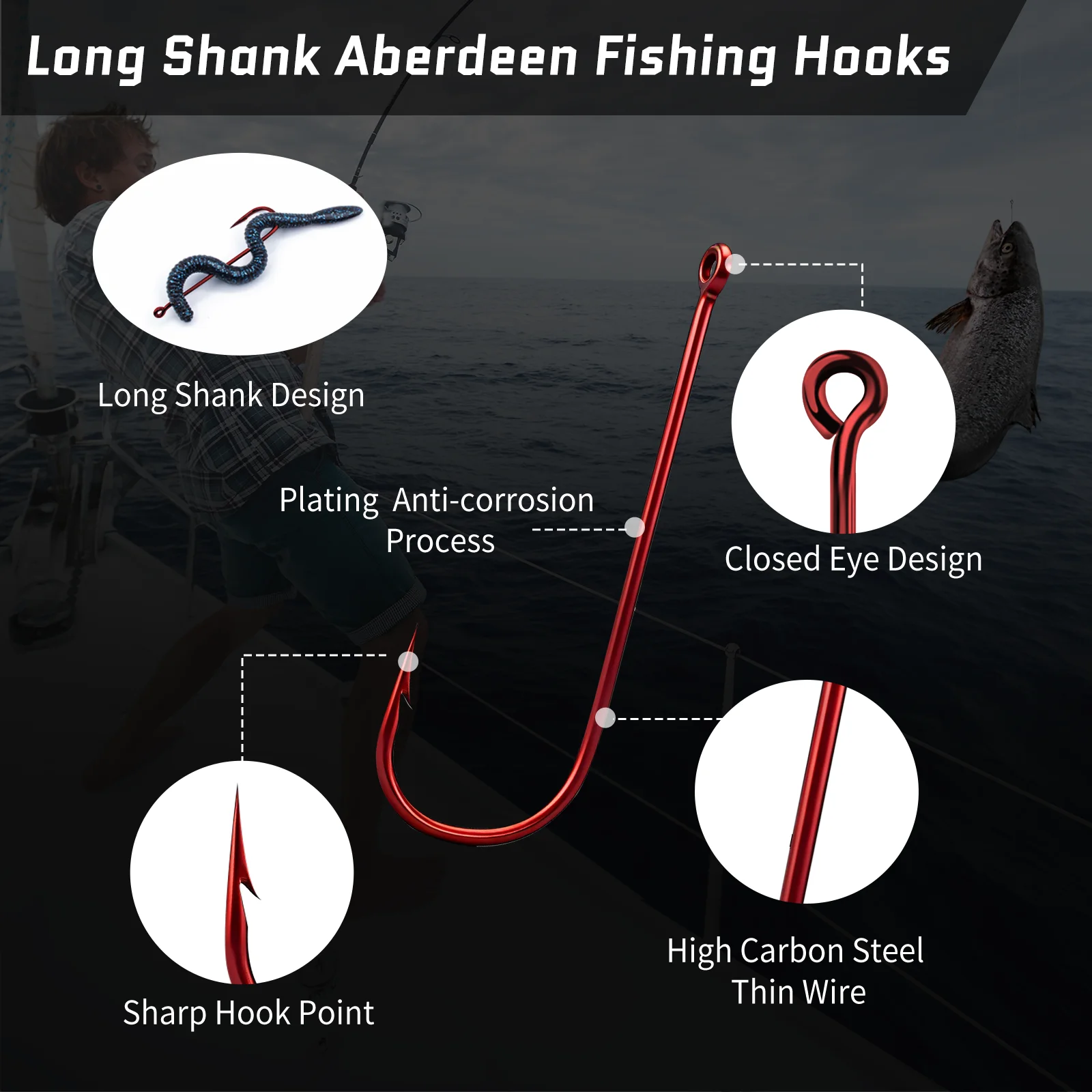 Anzuelos Aberdeen rojos FishTrip – Caña larga con púas para mar y carpa - imagen 2