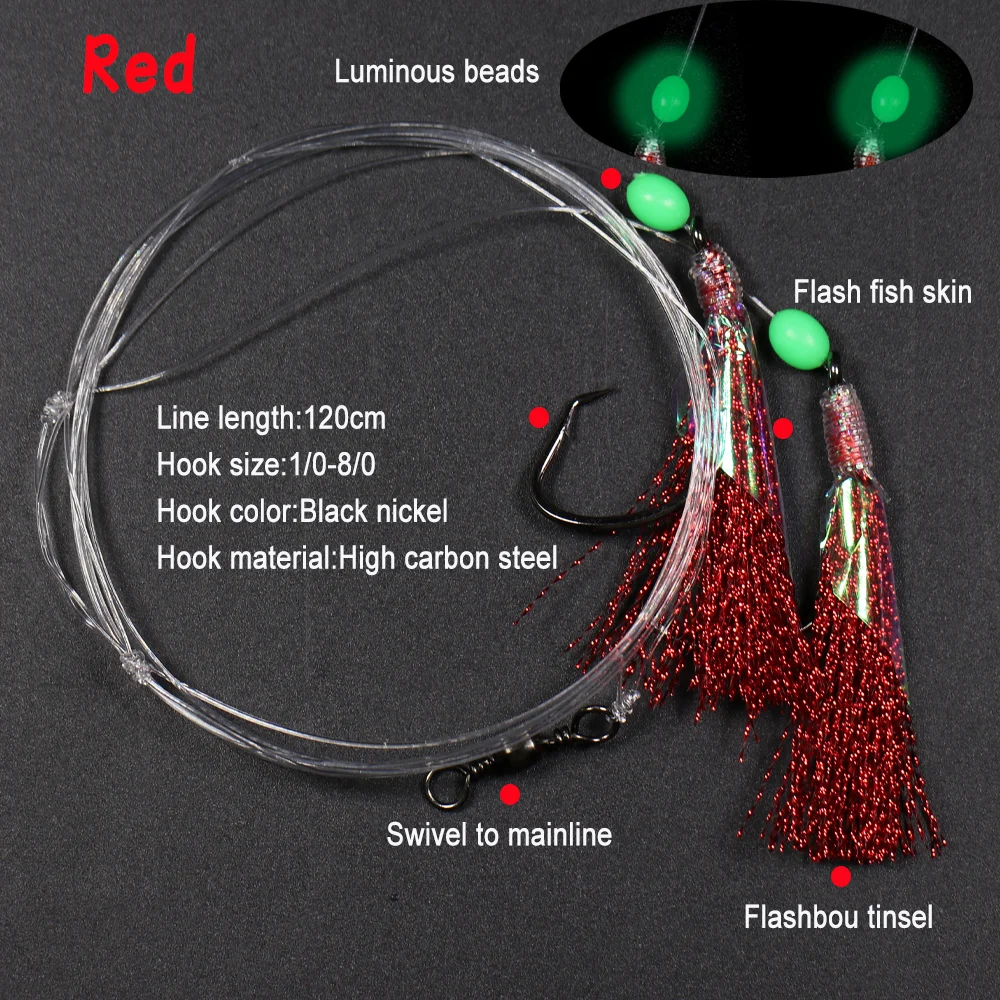 LIONRIVER-Señuelos de Pesca artificiales Sabiki para agua salada, Señuelos de Pesca con cuentas luminosas, aparejos de cebo de mar, anzuelos de pesca con oropel Flash - imagen 2