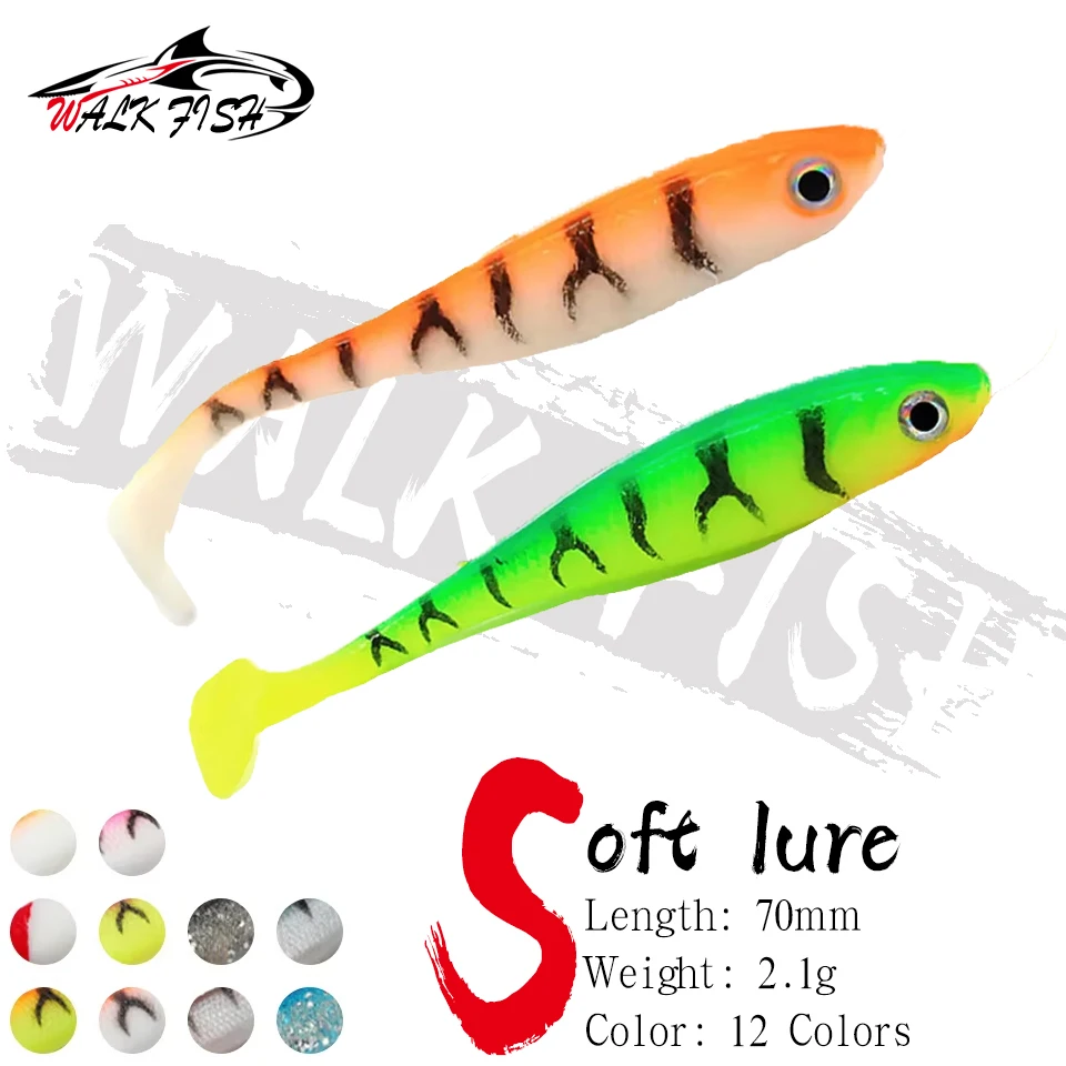 WALK FISH 5 uds 7cm 2,1g señuelo suave paleta cola Shad PVC Wobbler Swimbait Jig Head ojos 3D cebo Artificial suave para pesca de Lucio