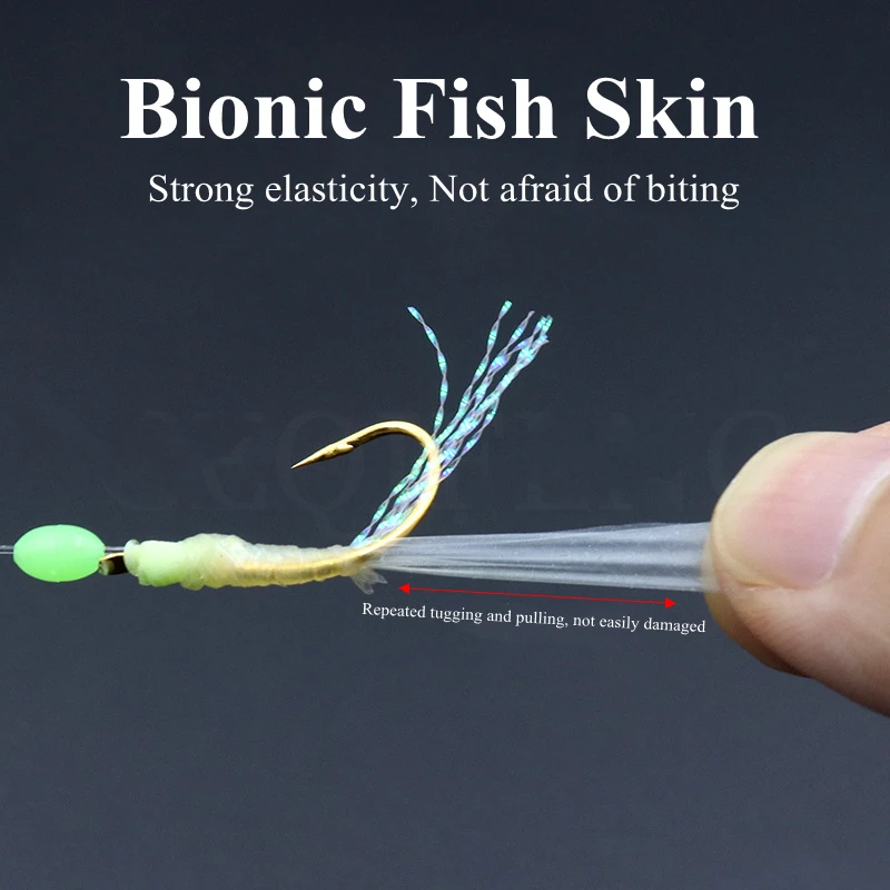 ZYZ anzuelos Sabiki de pesca de tres colores, ganchos de cuerda de piel de pescado 12 #14 #16 #18 #1 juego de 6 anzuelos con cuentas luminosas, gancho de púas - imagen 2