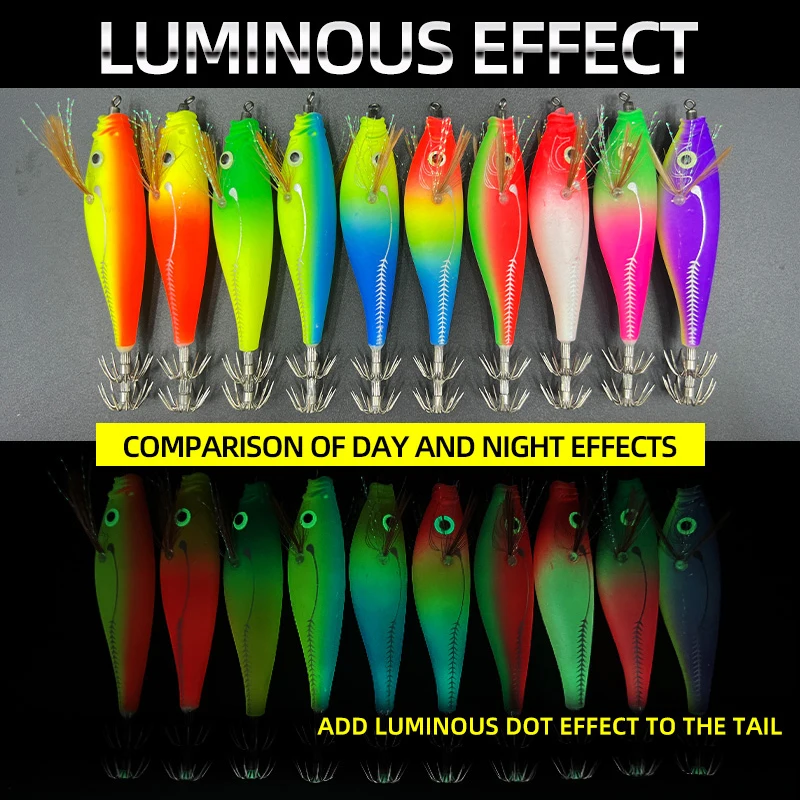 Señuelo de calamar luminoso, 10 colores, 9,5 cm, Pesca en el mar, camarones de madera, sepia de agua salada, anzuelo de calamar, cebo, Gamba, Wobbler, Pesca - imagen 5