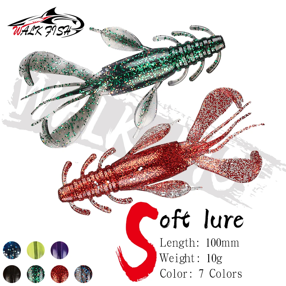 WALK FISH-Señuelos de Pesca de PVC blando, cebo Shirmp de 100mm y 10g, cebos de silicona Swimbait, cebo Artificial, aparejos de Pesca, 3 uds.