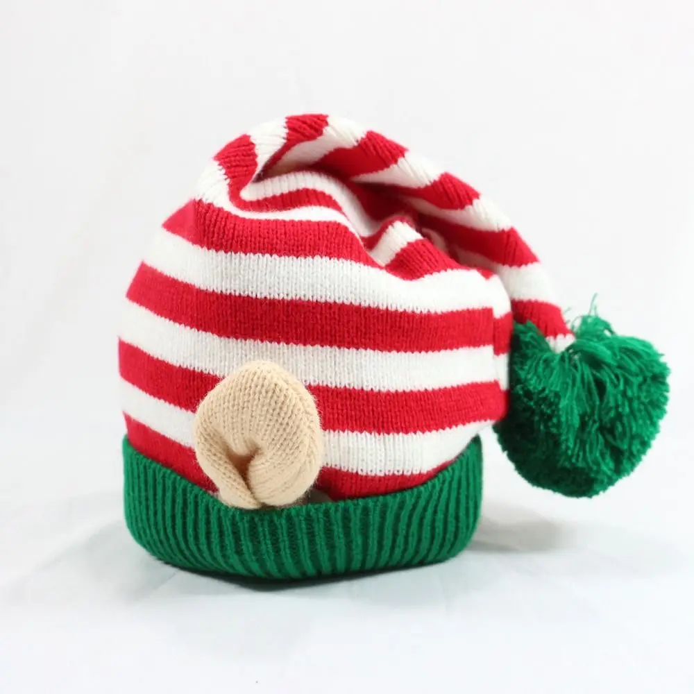 Gorro de Navidad con patrón de rayas y orejas pequeñas, bola de lana Jacquard, gorro de Navidad, decoración, gorro tejido para vacaciones, suministros para fiestas - imagen 5