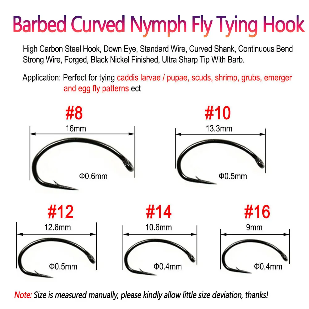 Bimoo 50 Uds 100 Uds curva de púas Ninfa mosca atado ganchos para ninfa insectos camarones Scud Pupae larvas Caddis moscas trucha Señuelos de Pesca - imagen 3
