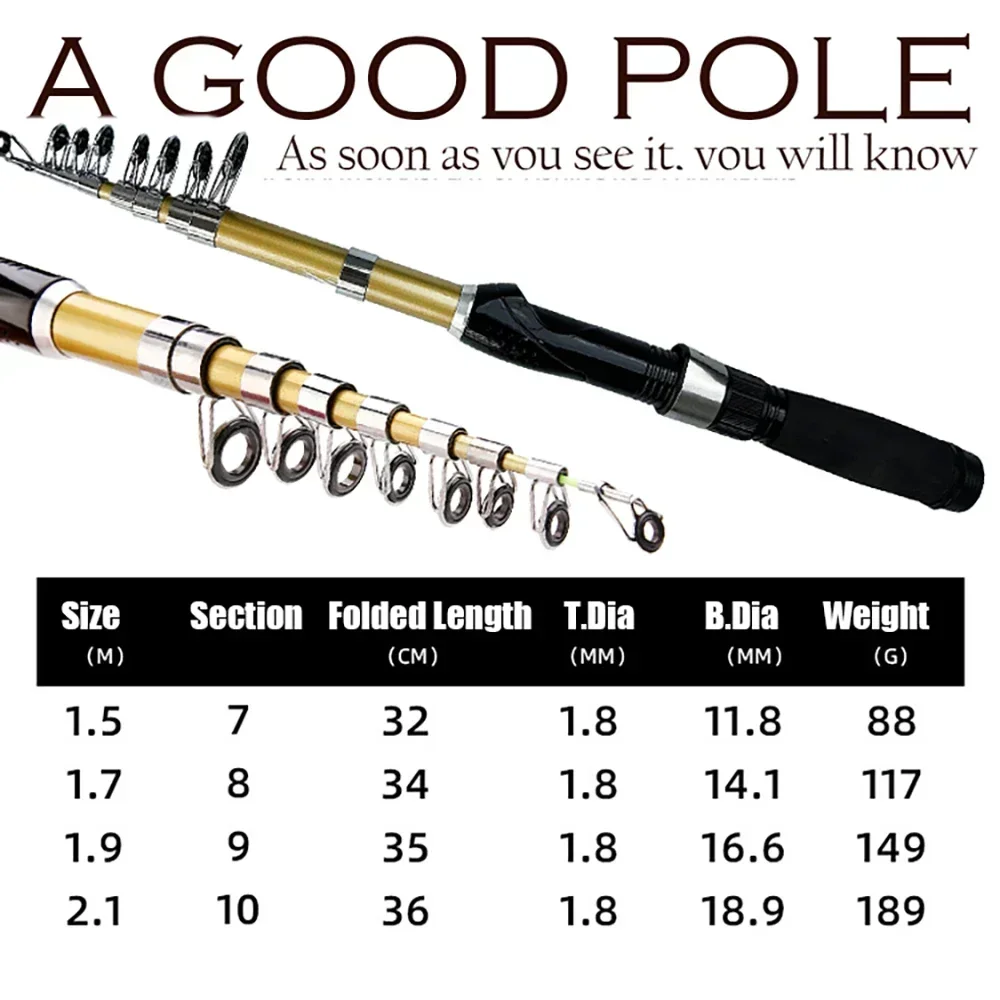 Caña de pescar giratoria de mar de alta calidad, 1,5 M, 1,7 M, 1,9 M, 2,1 M, fibra de carbono, telescópica retráctil, Mini caña de pescar de viaje - imagen 5