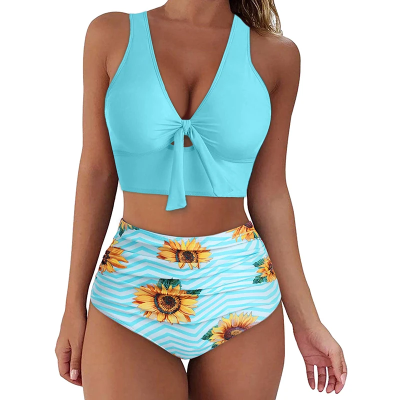 Conjunto de Bikini con estampado Floral para mujer, traje de baño de dos piezas con nudo ajustable, cintura alta, espalda cruzada, cuello en V profundo, novedad de 2022 - imagen 2