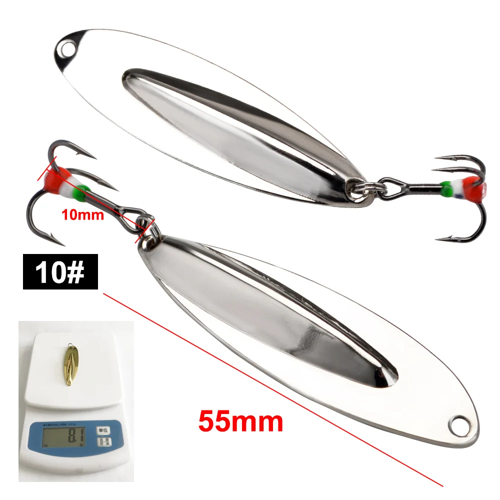 FTK-señuelo de pesca en hielo, cuchara de 8g, 55mm, 1 piezas, cebo giratorio de Allumen dorado/plateado, anzuelo triple, 10 # - imagen 4