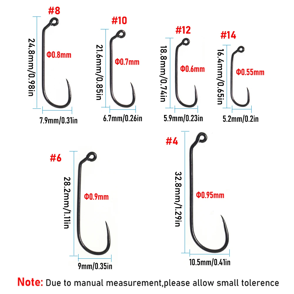 Wifreo 50 piezas # 1- # 14 anzuelos de pesca con mosca de 60 grados, sin púas, de acero al carbono, con espacio ancho/vástago largo, serpentina ninfa - imagen 5