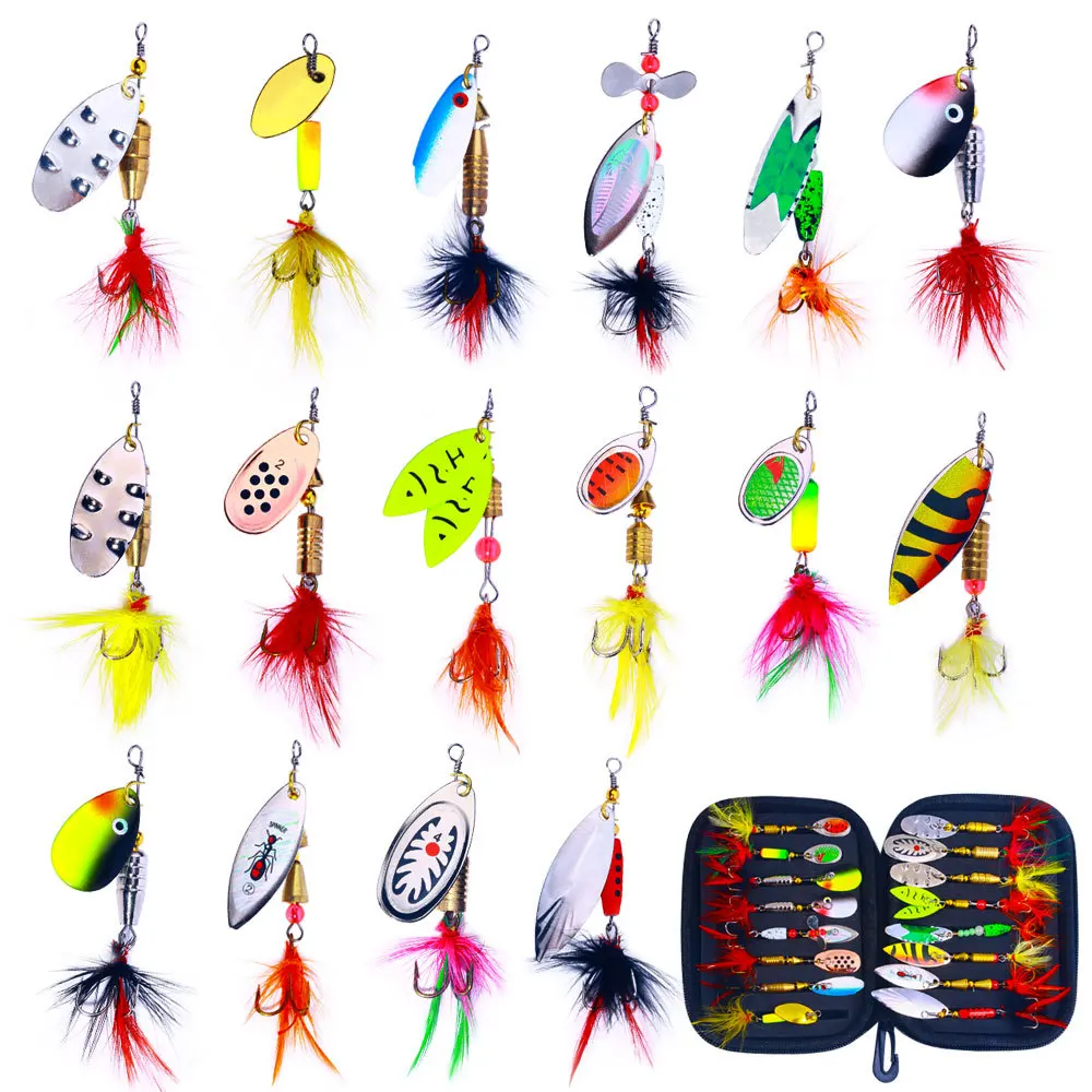 16 Uds. Spinnerbait giratorio cuchara de Metal Spinner señuelo de pesca cebo duro con anzuelos triples de plumas con bolsa aparejos Spinnerbait - imagen 3