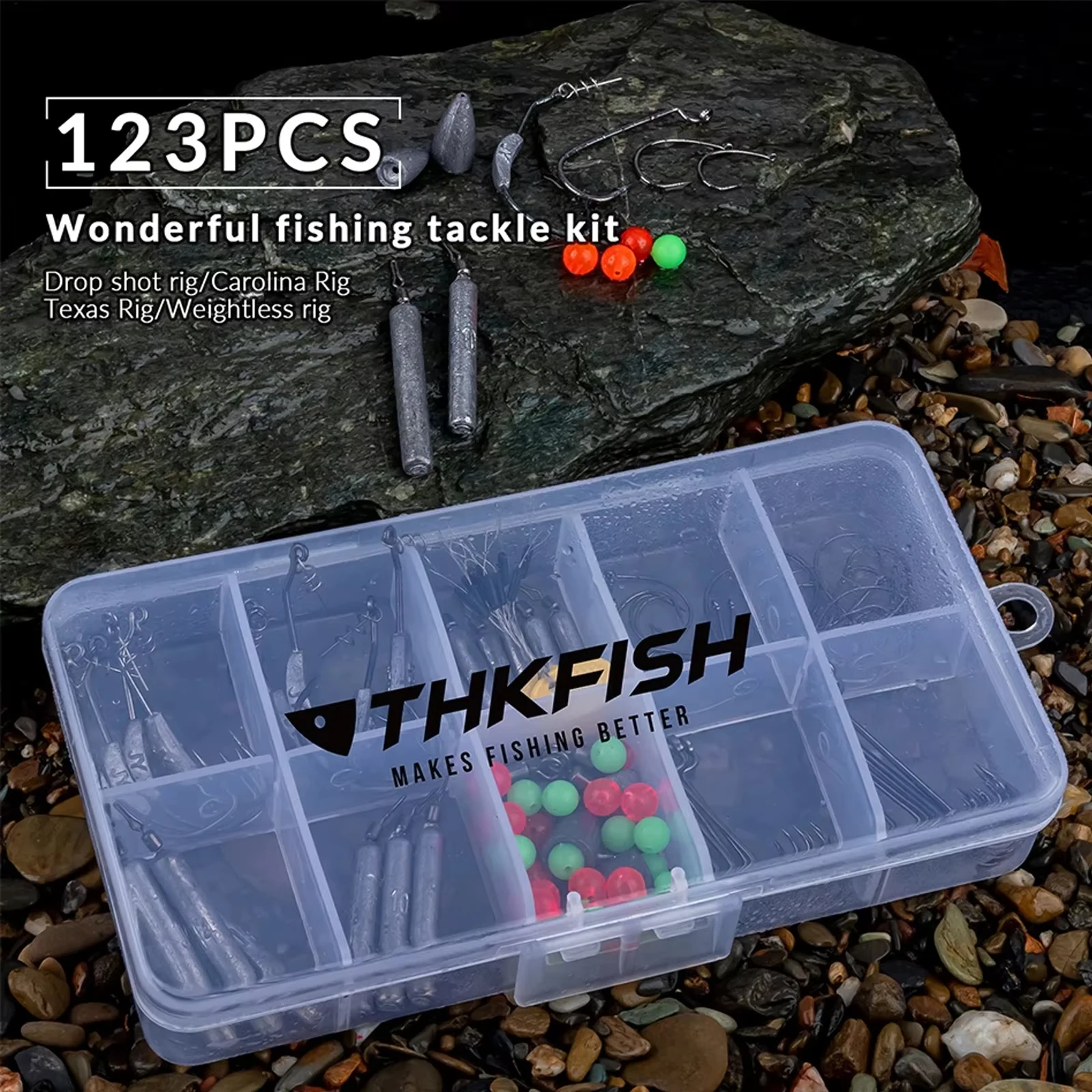 THKFISH 123 unids/caja Kit de aparejos de pesca para Texas Rig Carolina Rigs Drop Shot Rig 7g 10g 14g plomos de pesca anzuelos locos conjunto de cuentas - imagen 2