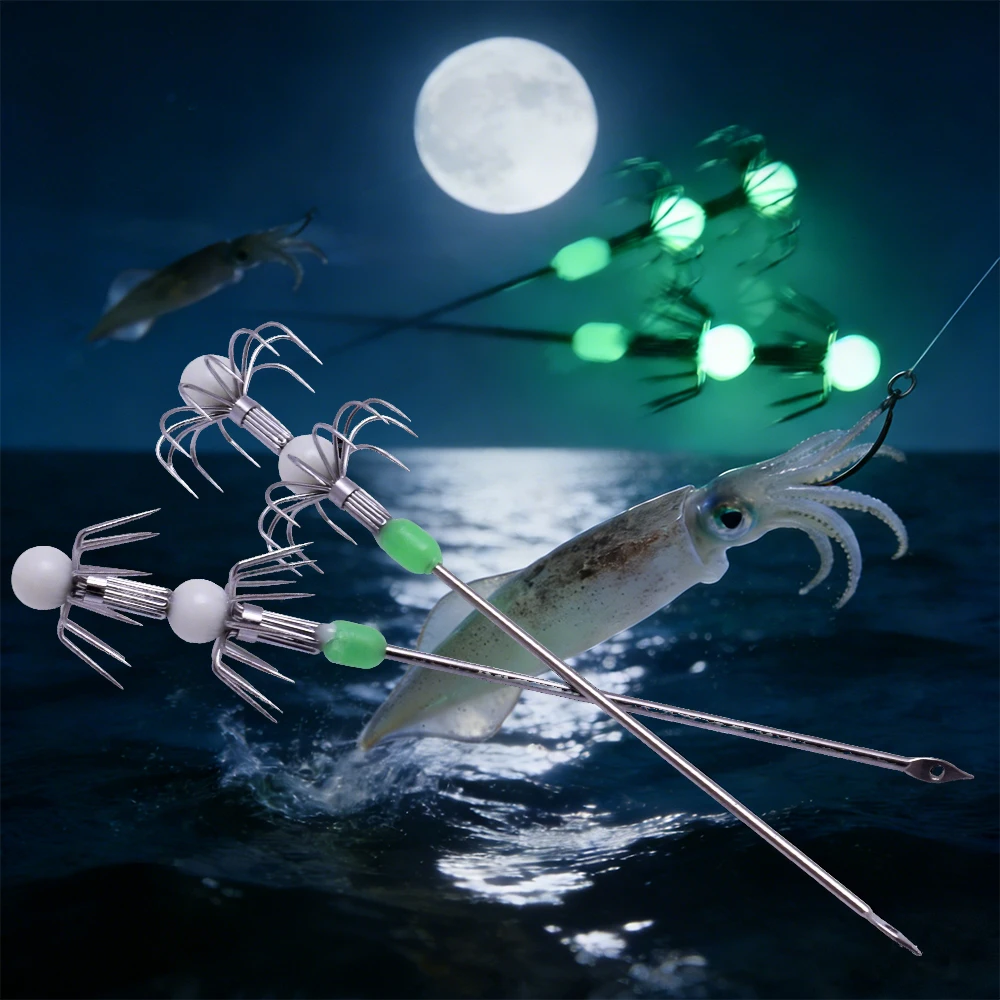 Ganchos doble capa para calamares con mango largo y tubo luz nocturna - imagen 2