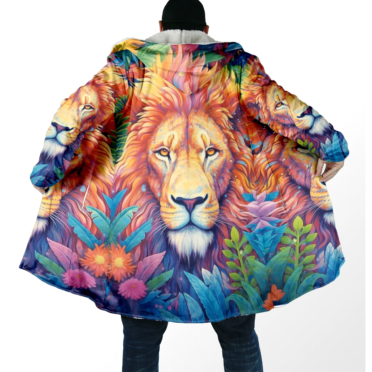 Capa de invierno de lana gruesa con capucha y estampado 3D de león - imagen 5