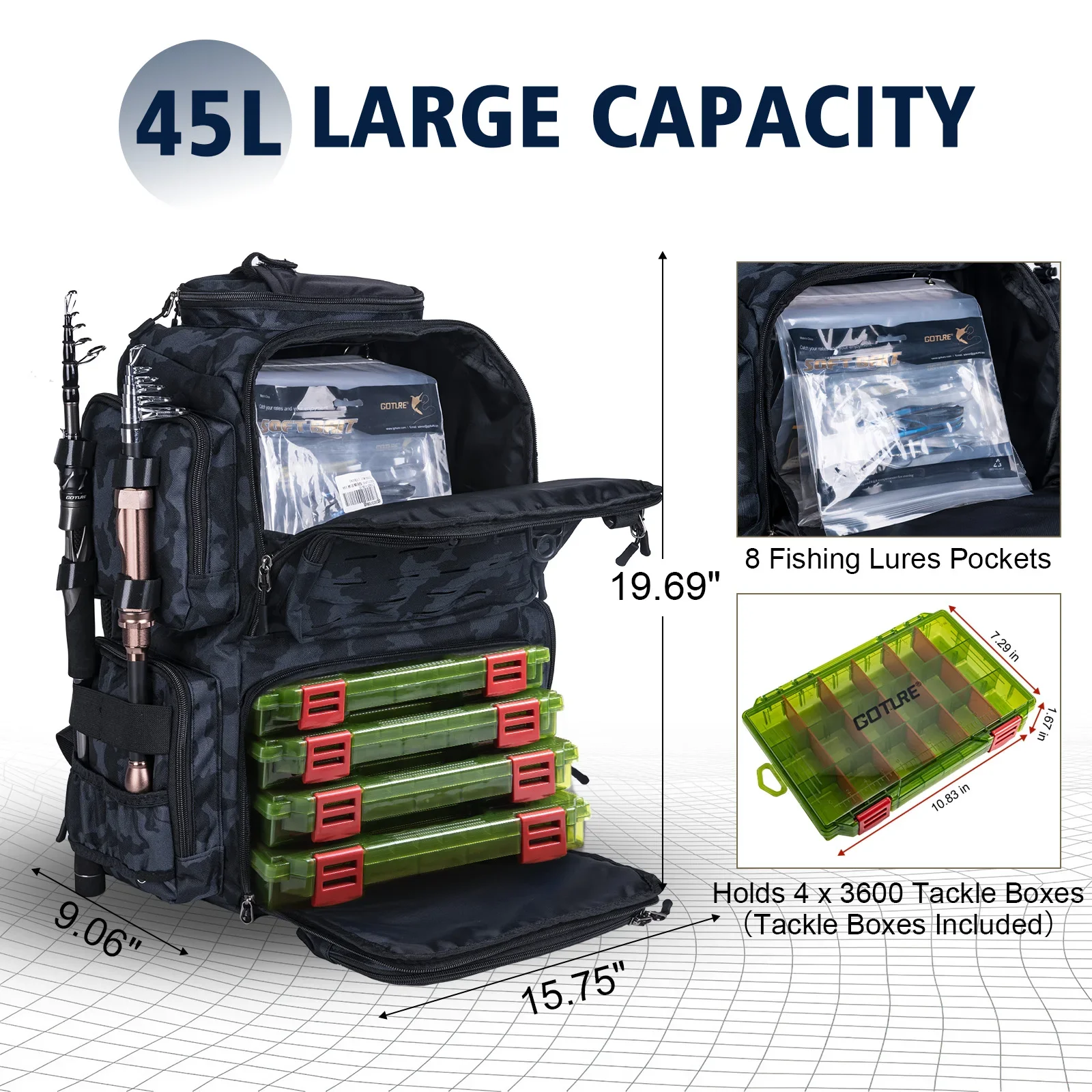 Mochila de pesca Goture 45L impermeable con 4 cajas de aparejos - imagen 3