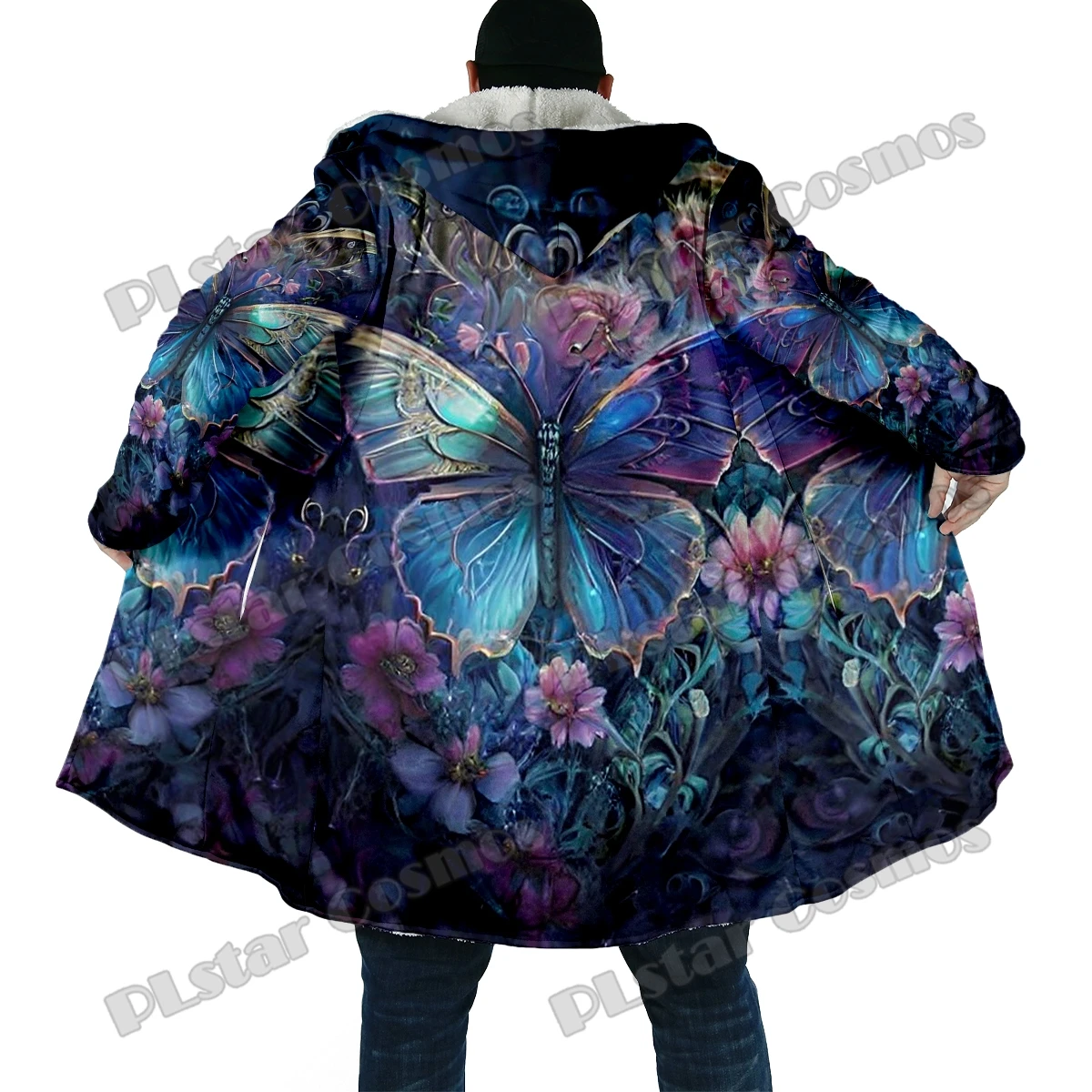 Capa con capucha de lana gruesa estampada en 3D para hombre, abrigo cálido informal Unisex, mariposa y flores, moda de invierno, DP42 - imagen 5