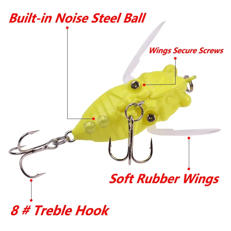 1 pieza top water popper, señuelo de pesca 4,8 cm, 6 g, soft cicada wobbler, insecto, tackle, señuelo artificial de plástico para bass, siluro