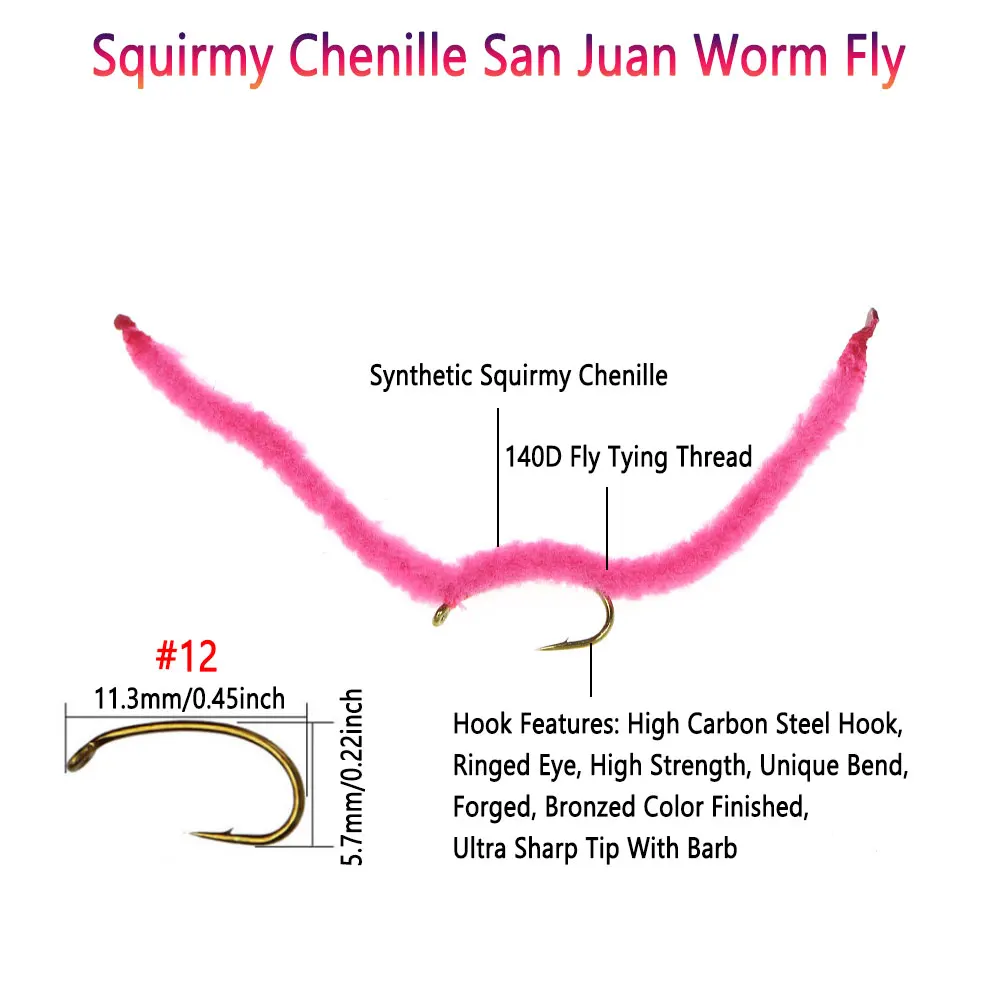 Bimoo 6PCS # 12 Squirmy chenilla San Juan gusano mosca Artificial Squirmy mosca húmeda lombriz mosca trucha Grayling Bluegill Señuelos de pesca - imagen 3