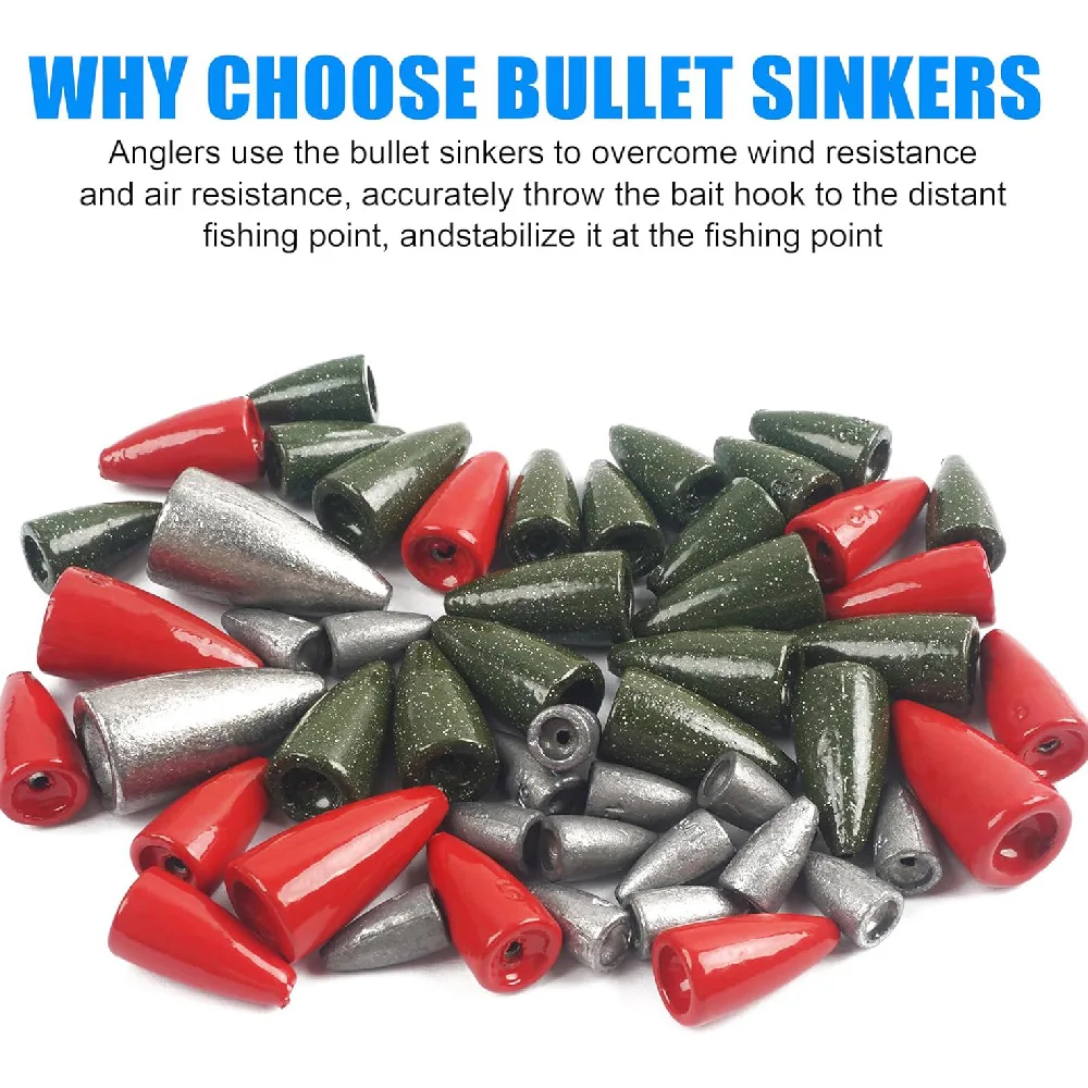 50 Uds. De plomos de pesca tipo bala, Kit de pesas de gusano, surtido de plomos deslizantes para pesca de lubina, aparejos de pesca Carolina Texas - imagen 5