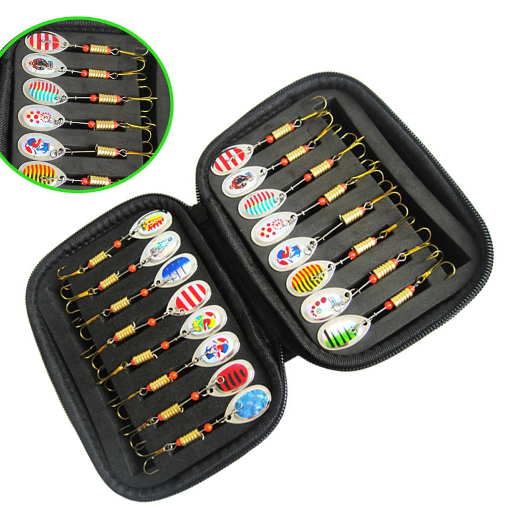 Juego de Spinner de Metal con anzuelos triples de plumas, bolsa de señuelo EVA, trucha, lubina, salmón, Lucio, cuchara, Combo, Kit de Spinner de pesca con bolsa, 16 Uds.