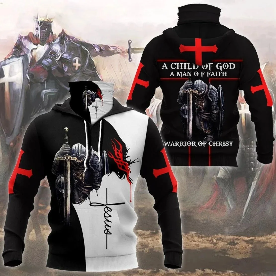 Jesús y caballeros templarios estampado 3D hombres adultos cuello polaina Sudadera con capucha invierno Unisex Casual cálido grueso Sudadera con capucha con máscara ZZ08 - imagen 2