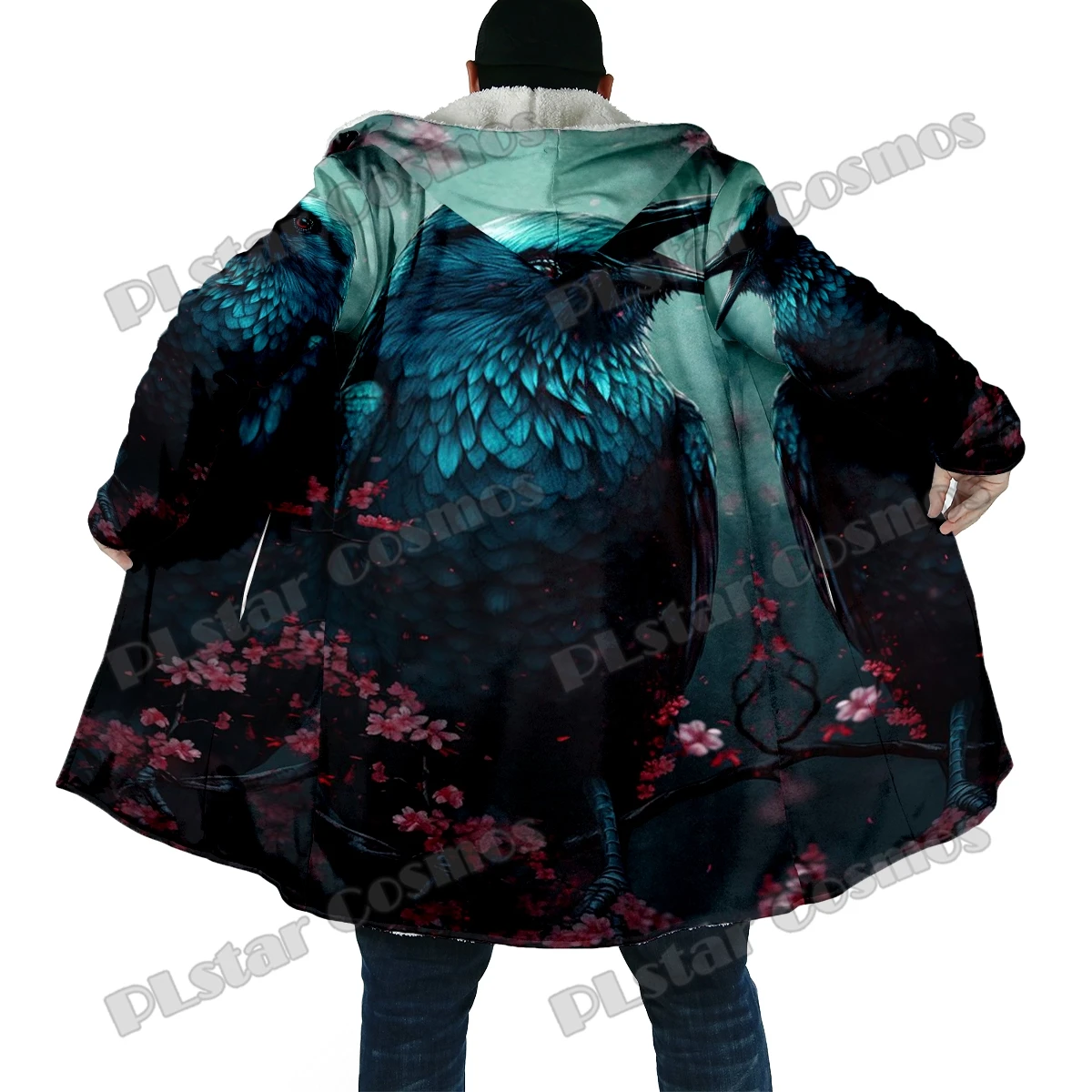Capa de moda de invierno para hombre, capa con capucha de lana gruesa con estampado 3D de calavera de cuervo de Halloween, capa cálida informal Unisex BB62 - imagen 5