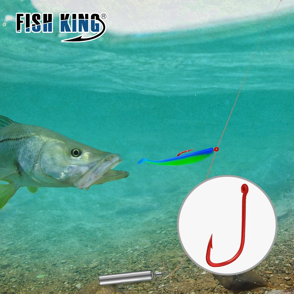 FISH KING-anzuelo de pesca de acero con alto contenido de carbono, gancho de púas rojas con ojos doblados, aparejos de carpa anillados, 50-100 piezas, 6-10 # - imagen 3