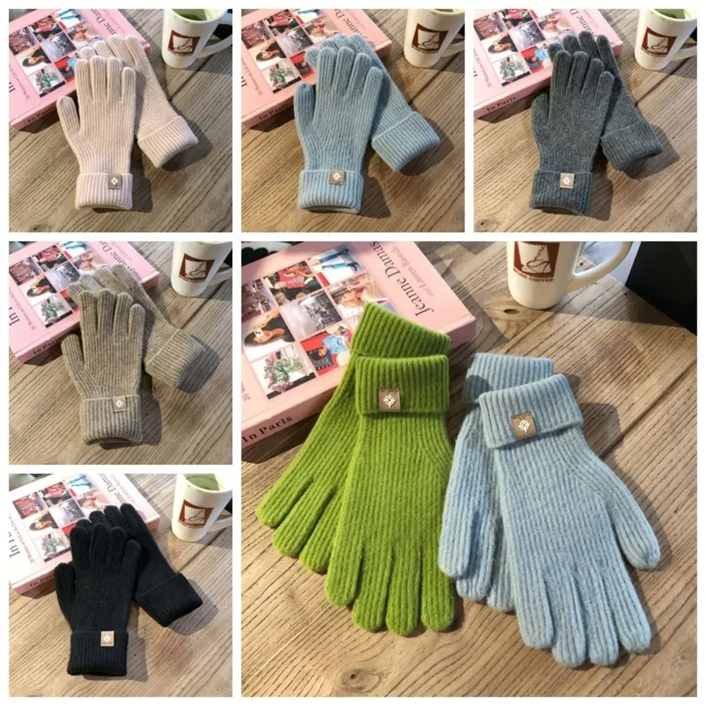 1 par de guantes tejidos de lana para pantalla táctil, manoplas con dedos completos de estilo coreano, guantes cálidos a prueba de viento para conducir en bicicleta, invierno - imagen 3