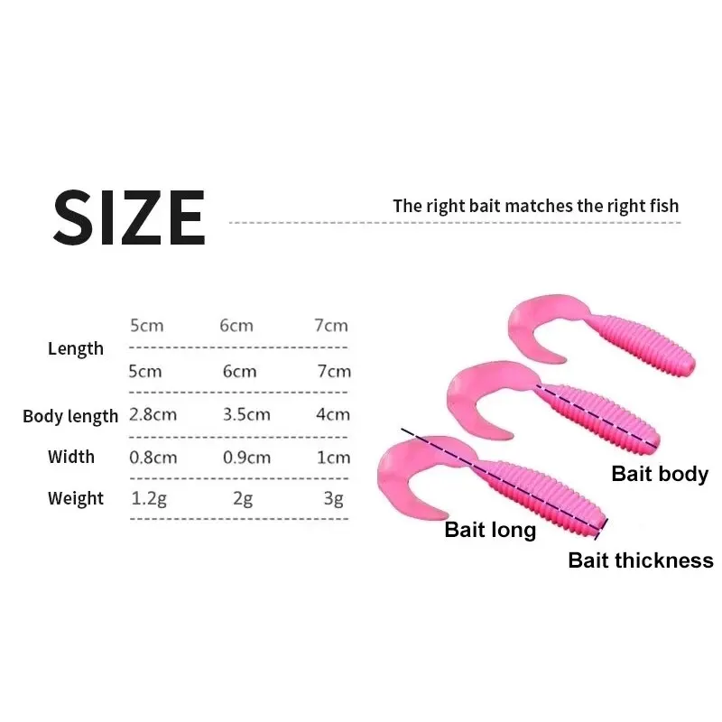 Tornillo de cola única con gusanos redondos, Señuelos de Pesca blandos, cebo Artificial, 5cm, 6cm, 7cm, alta calidad - imagen 3