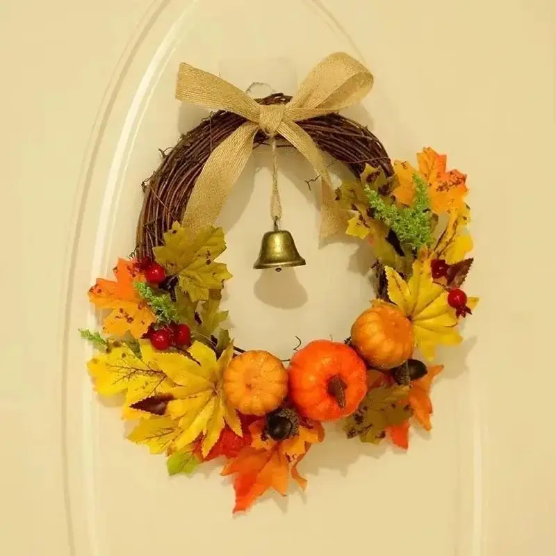 Corona de puerta de Acción de Gracias, Halloween, hoja de arce, campana de calabaza, colgante de puerta, decoración de Festival, tono de llamada de viento cálido, artesanía para el hogar - imagen 5