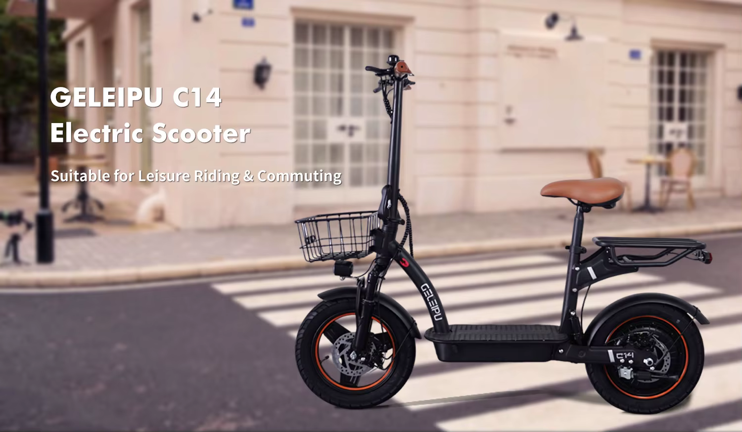 Vista lateral del scooter C14 con asiento y canasta