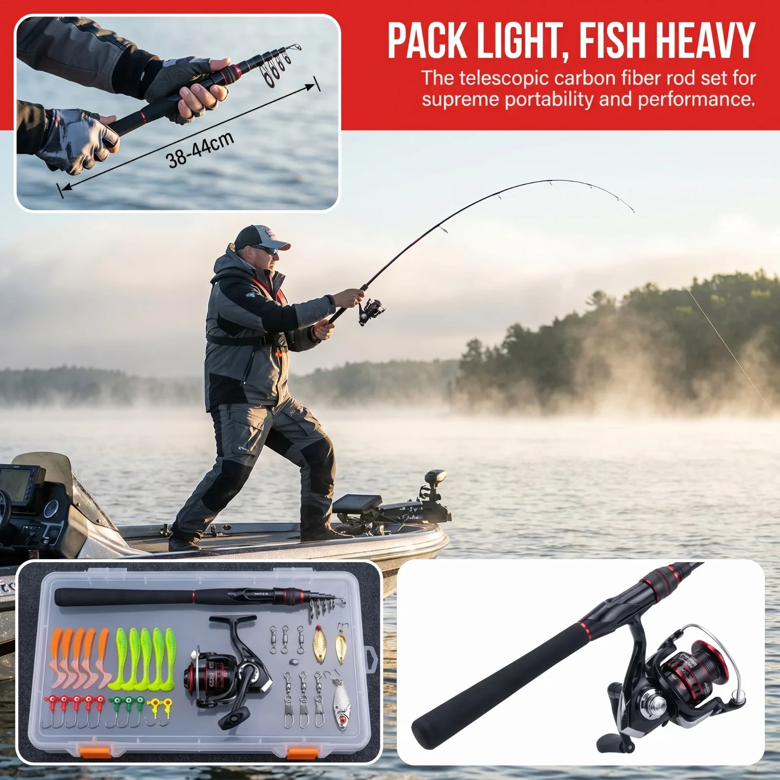 Kit de Pesca Goture todo en uno – Caña carbono y carrete giratorio - imagen 3