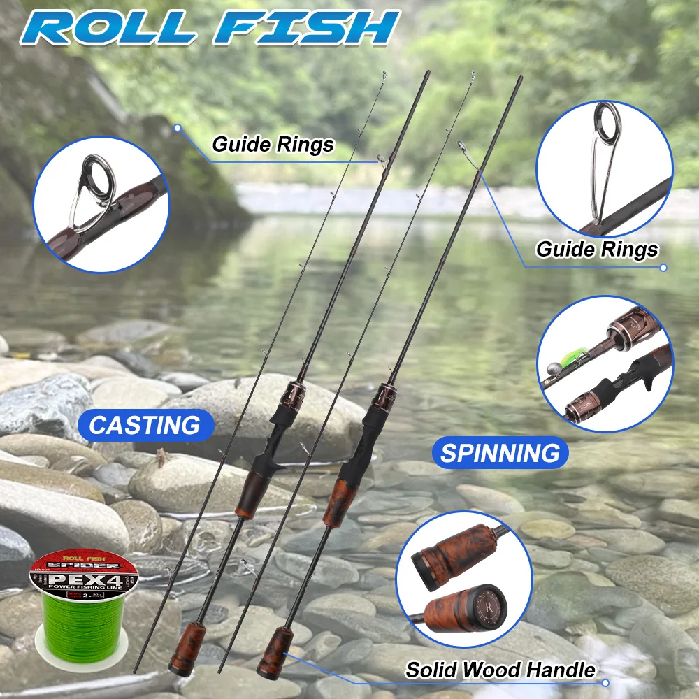 ROLLFISH Caña Trucha Ultraligera Carbono Mango Madera y Linea PE