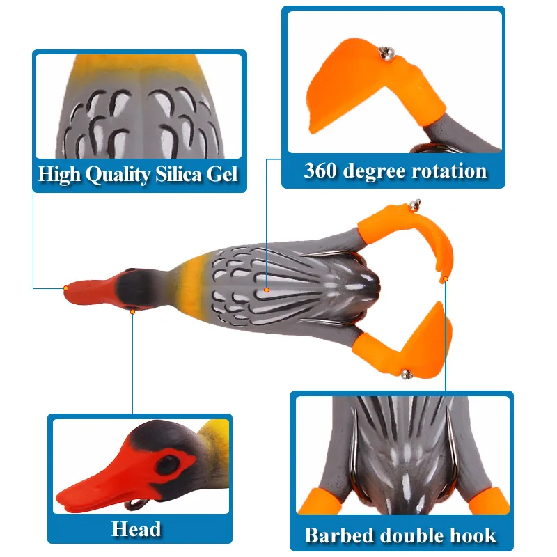 Señuelo de pesca de pato flipper, 1 hélice de piezas, señuelo de rana de pesca de patito, 9,5 cm, 11,2g, cebo Artificial, ojos 3D, cebos de día para lubina - imagen 4